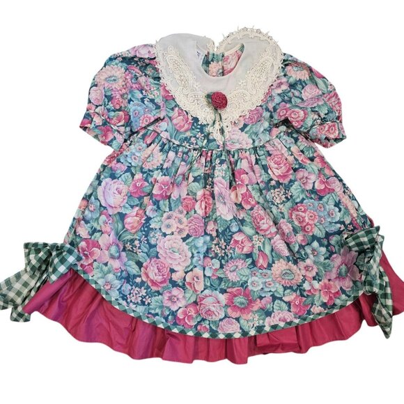 2 Vintage 90s Girls 18 Month 2T Floral Party Dresses Layered‎ Pink Collar Formal - Picture 7 of 14